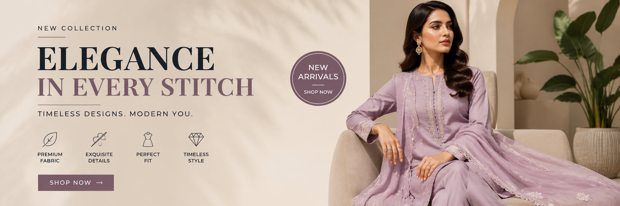 A woman wearing a lavender embroidered kurta set sits on a beige sofa in a styled indoor setting, with promotional text on the left reading 'Elegance in Every Stitch' and a circular badge that says 'New Arrivals'.