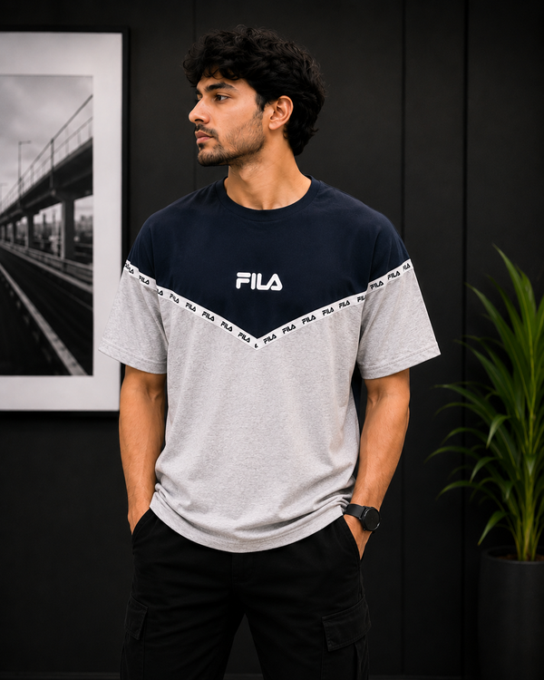 FILA navy and grey colorblock V-cut T-shirt for men with logo detailing