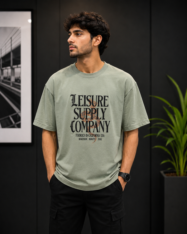 Leisure Supply Company sage green oversized graphic T-shirt for men with bold front print